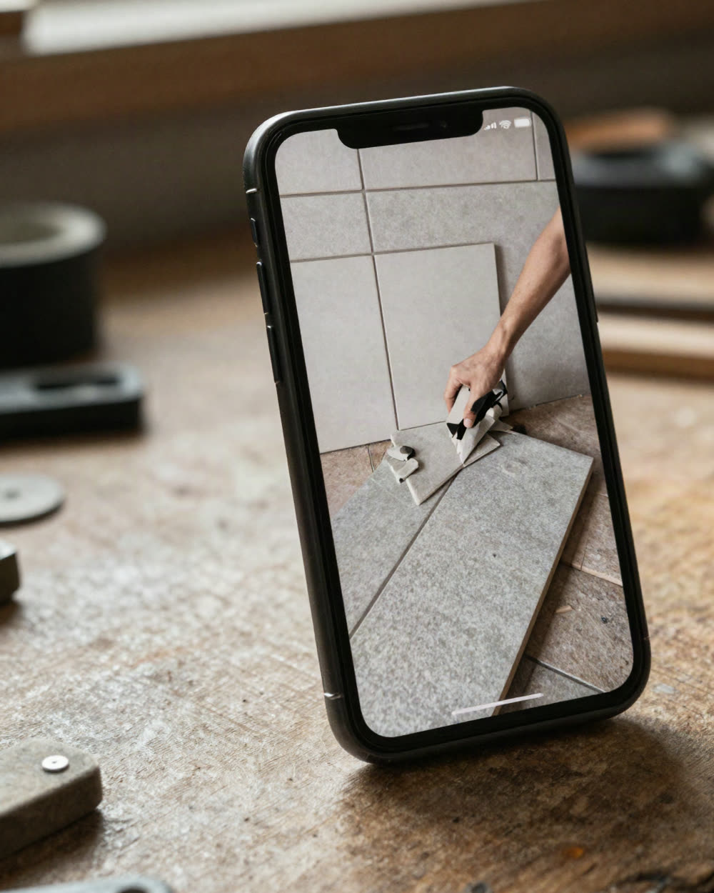A phone showing a vertical video ad on a desk