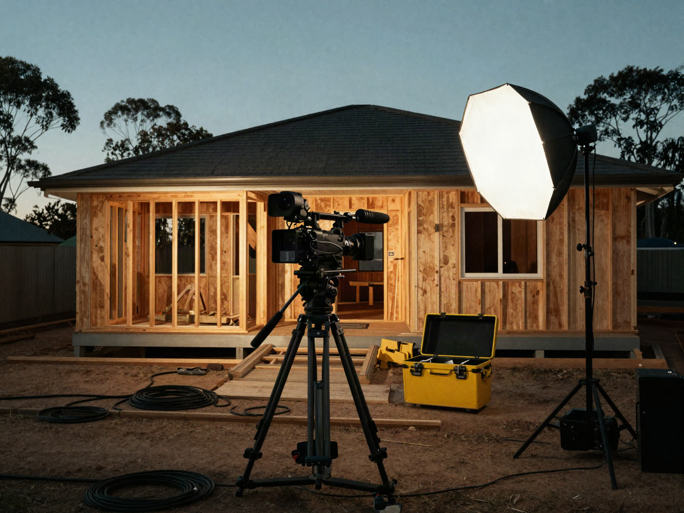 A camera and lights set up on a job site