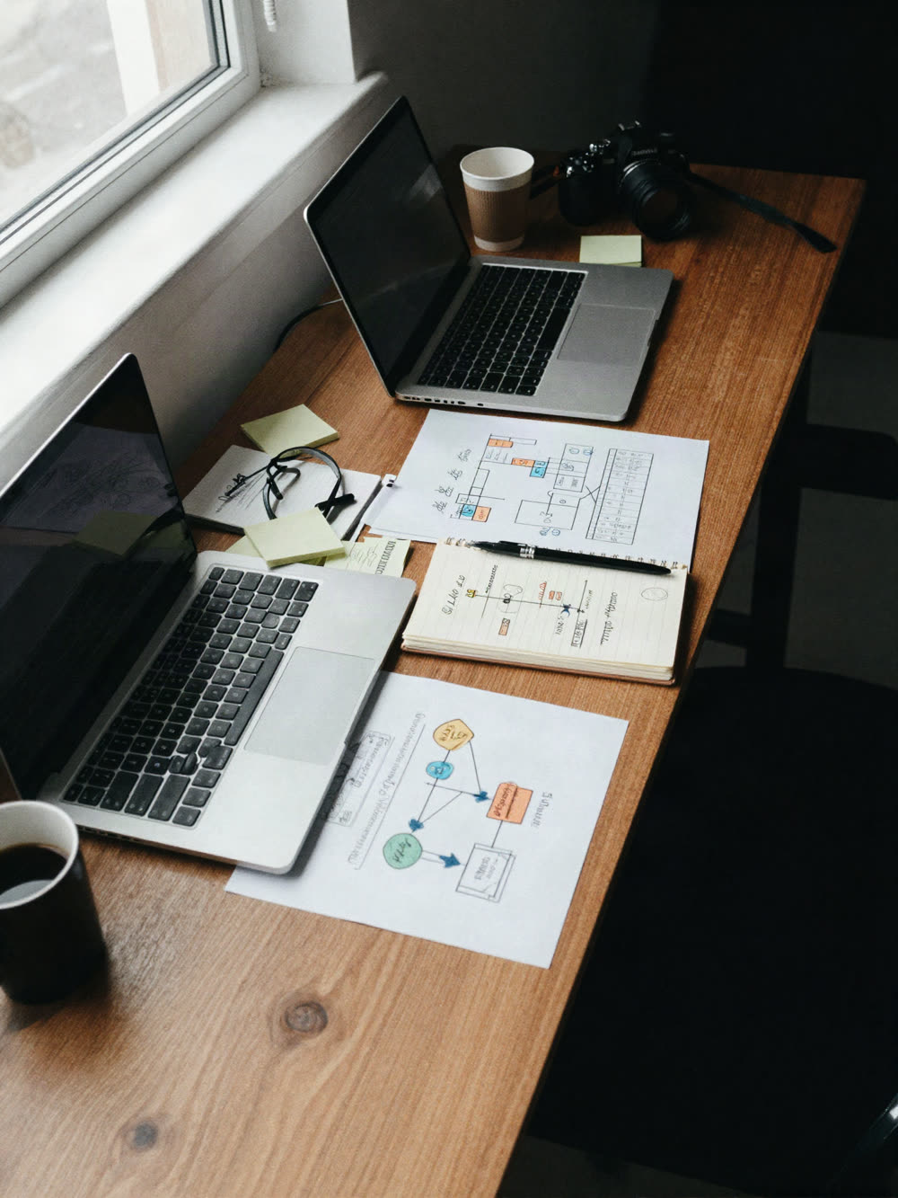 A desk with laptops, notes and a camera